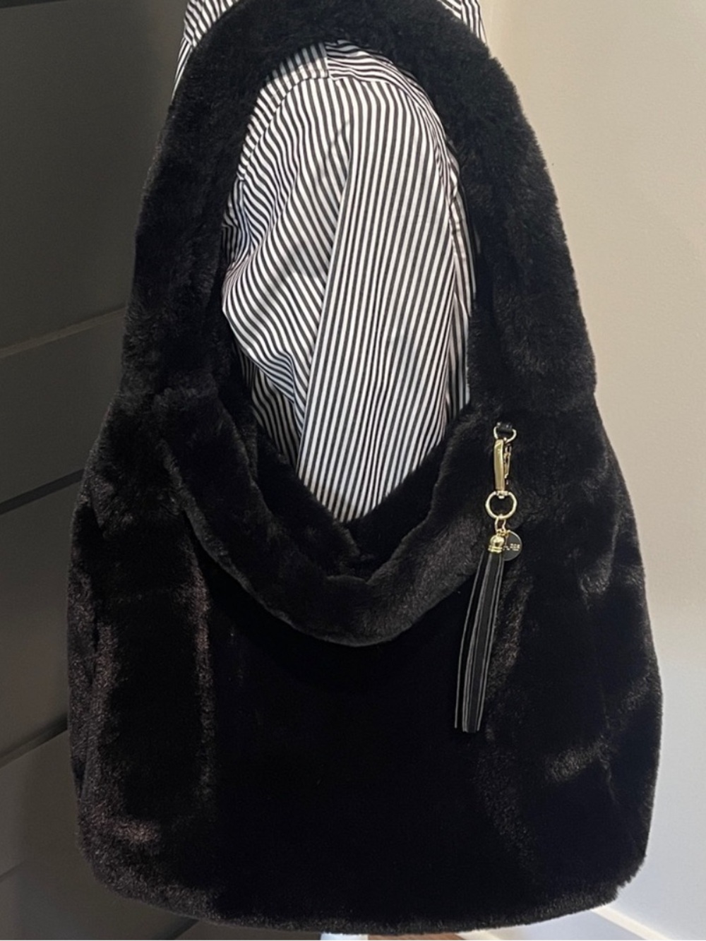 Rachel Zoe Black Faux Fur Bag With Gold Hardware